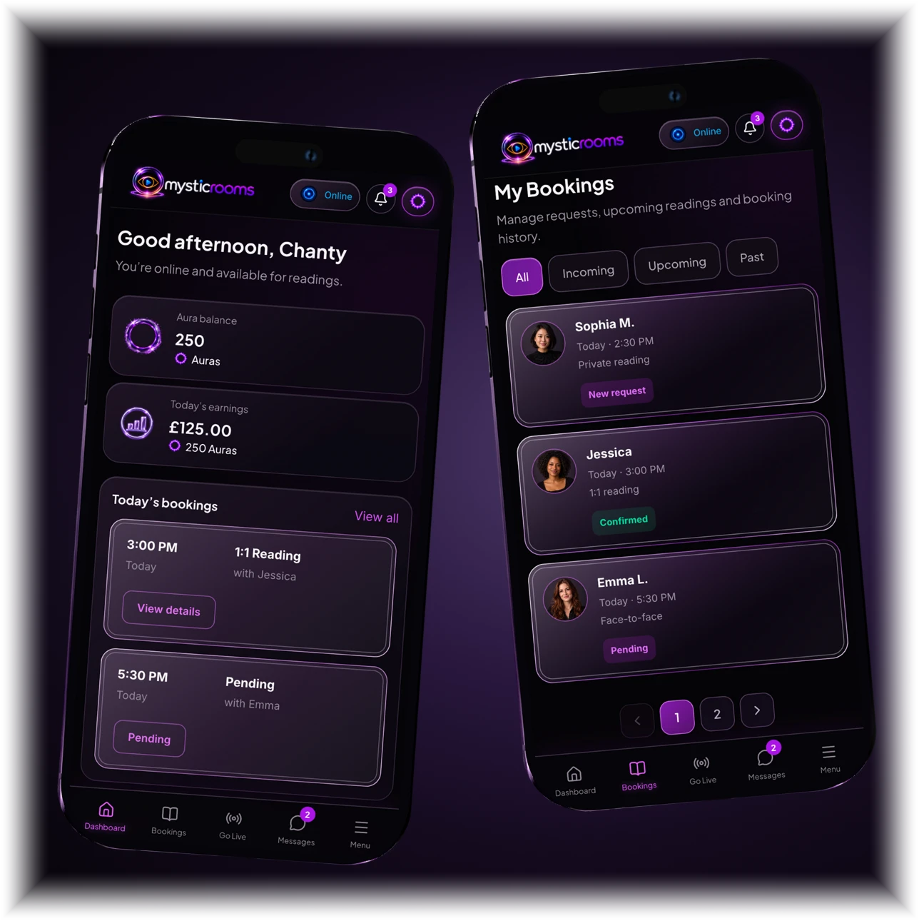 The Reader Dashboard and My Bookings in the Mystic Rooms app