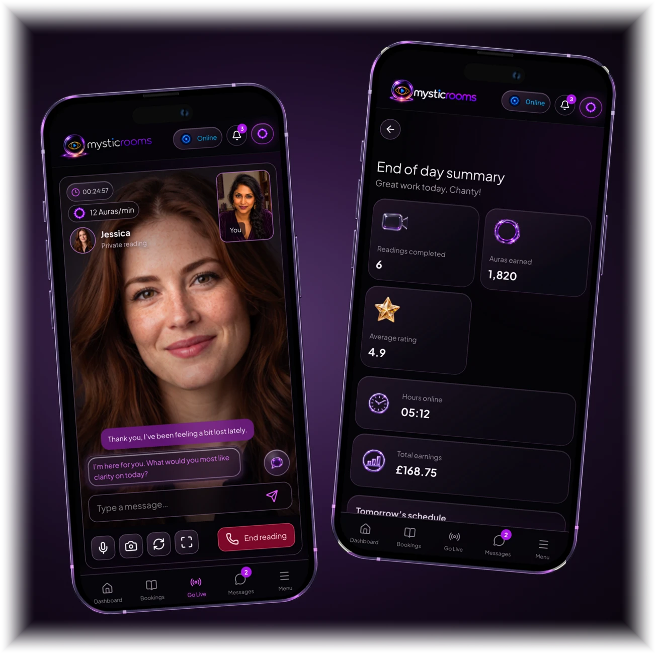 A private live reading and the end of day summary in the Mystic Rooms app